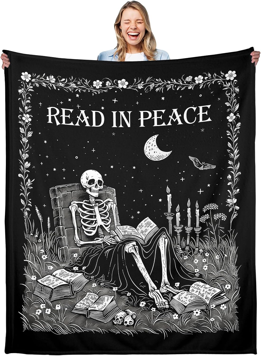 Christmas Throw Blanket - Gothic Ghost Reading Book Blanket, Skeleton